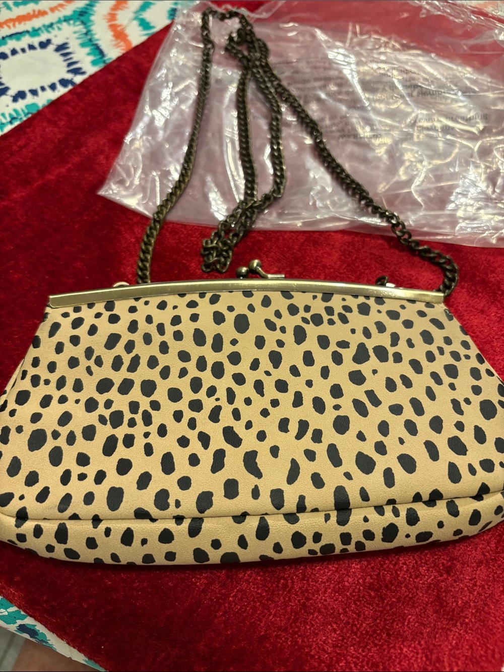 Leopard Print Frame Clutch Shoulder Bag - Tan/Black new inside and out in bag